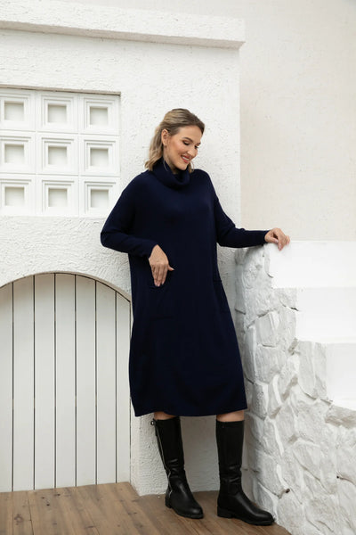 Orange by Fashion Village, J-3559 Cozy Chic Maxi Sweater Dress, Navy