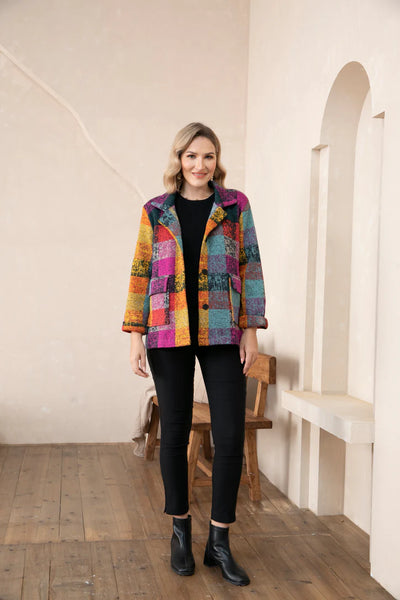 Orange by Fashion Village, FW-1023 Tanya Plaid Jacket, Magenta