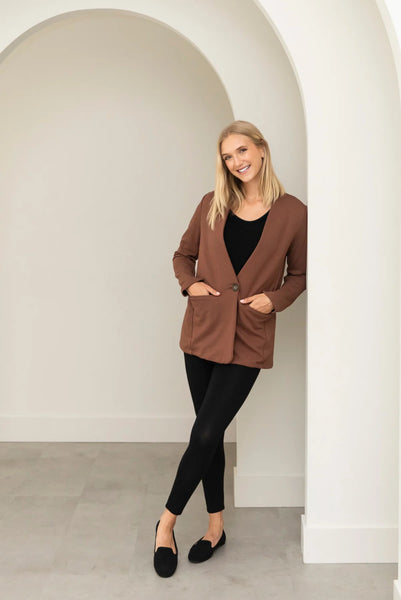 Terrera/LNBF Sale, 912900 Ophella Collarless Open Front Blazer, Cocoa 50% Off Regular Price